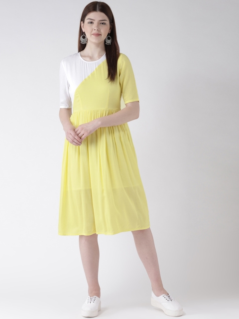 

DODO & MOA Women Yellow & White Colourblocked Fit and Flare Dress