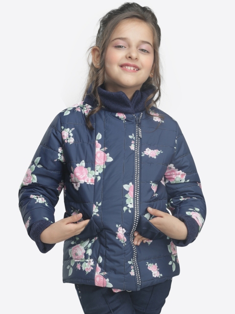 

CUTECUMBER Girls Navy Blue Printed Quilted Jacket