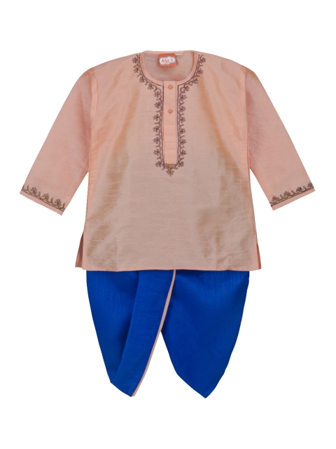 

KID1 Boys Peach-Coloured & Blue Embroidered Kurta with Dhoti Pants