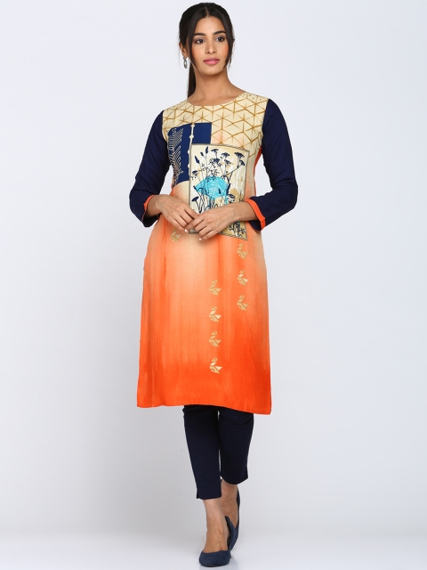 Soch Women Cream-Coloured & Orange Printed Straight Kurta