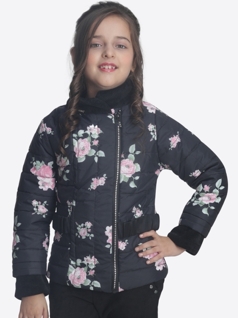 

CUTECUMBER Girls Black Printed Quilted Jacket