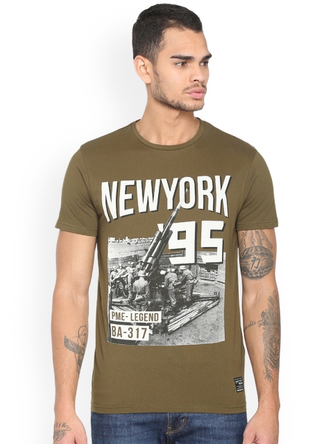 

People Men Olive Green Printed Round Neck T-shirt