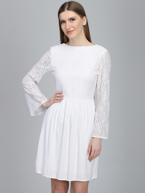 

DODO & MOA Women White Self Design Fit and Flare Dress