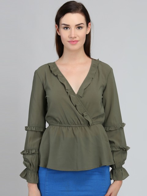 

DODO & MOA Women Olive Green Solid Cinched Waist Top