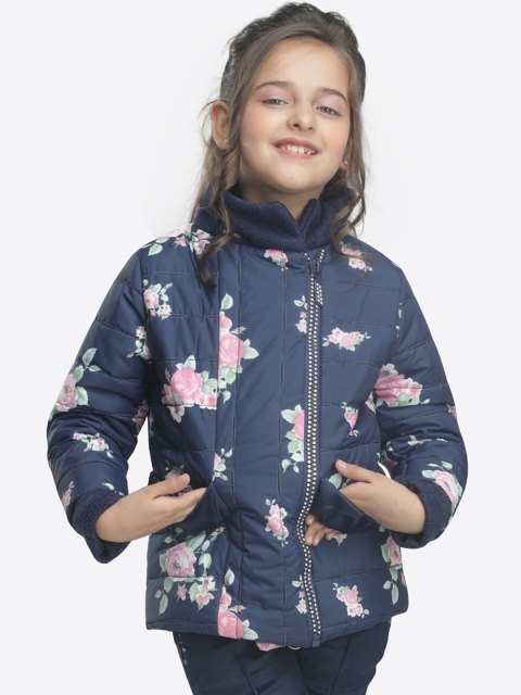 

CUTECUMBER Girls Navy Blue Printed Quilted Jacket