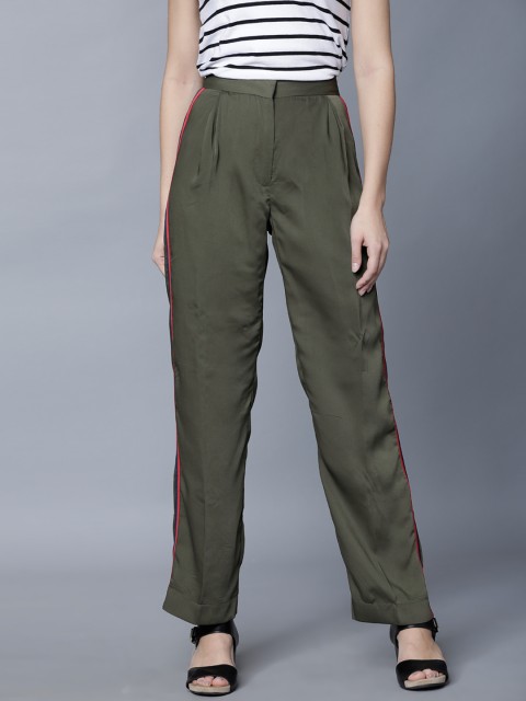 

Tokyo Talkies Women Olive Green Straight Fit Solid Parallel Trousers