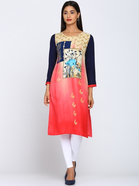

Soch Women Cream-Coloured & Pink Printed Straight Kurta