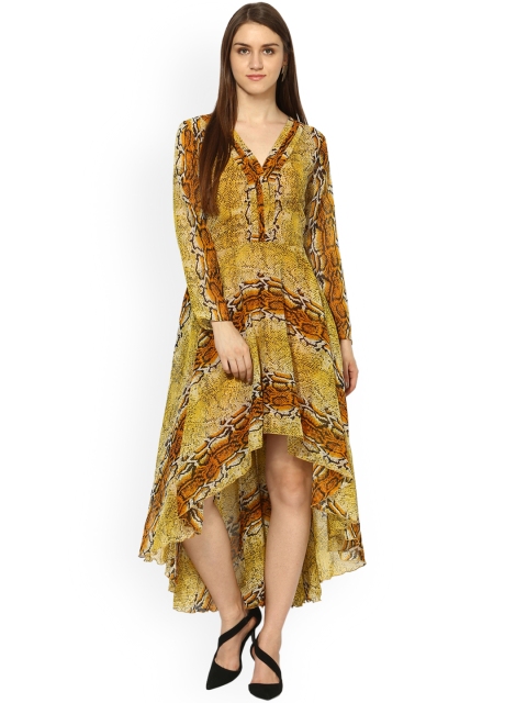 

Qurvii Plus Size Women Yellow Orange Printed Fit and Flare Dress