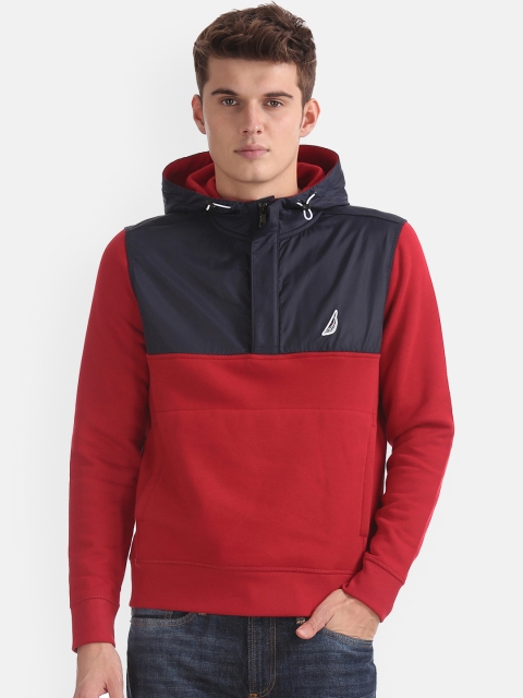

Nautica Men Red & Navy Blue Colourblocked Hooded Sweatshirt