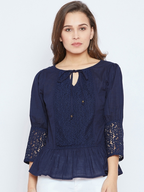

LUCERO Women Navy Blue Solid Peplum Pure Cotton Top