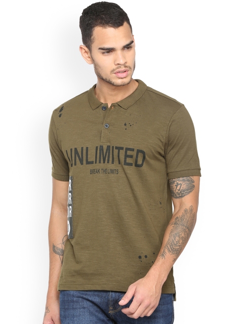 

People Men Olive Green Printed Polo Collar T-shirt