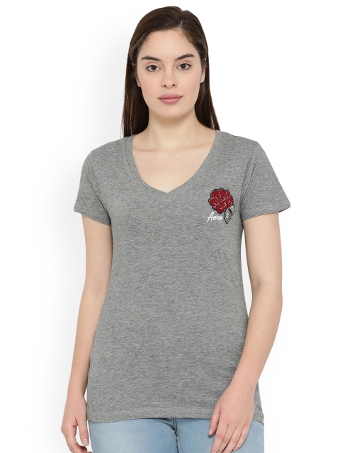 

Aeropostale Women Grey Solid V-Neck T-shirt