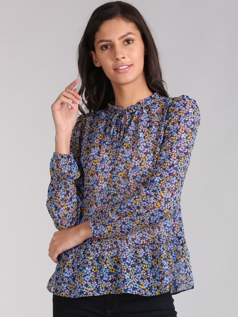 

GAP Women Ruffle Hem Floral Print Top, Blue