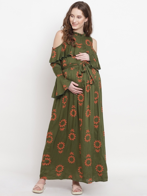 

Mine4Nine Women Olive Green & Orange Printed Maxi Dress