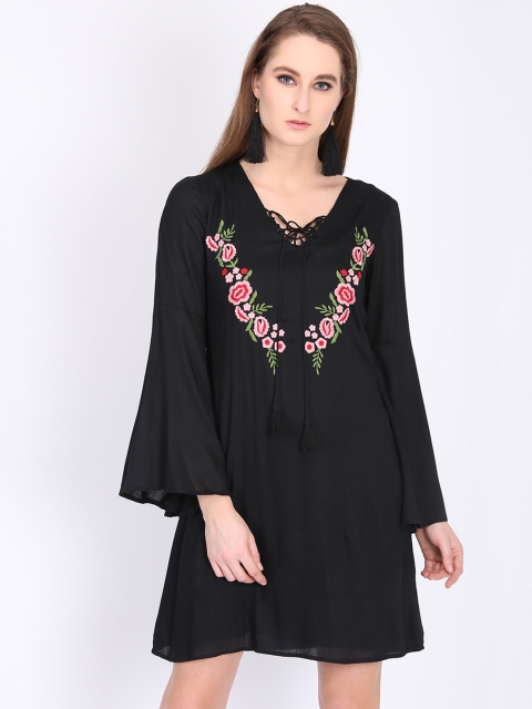 

DODO & MOA Women Black Self Design A-Line Dress