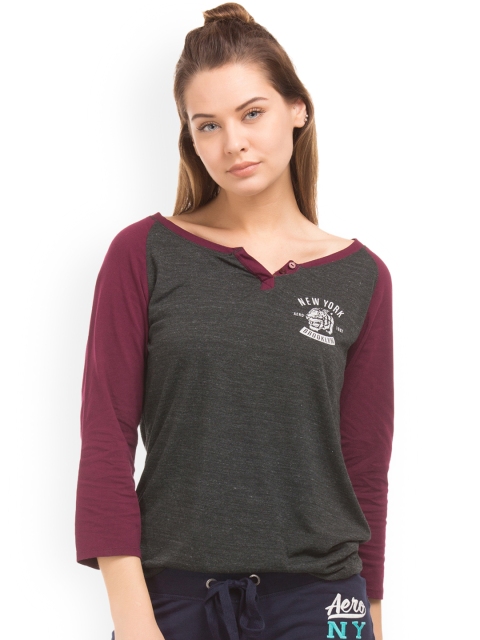 

Aeropostale Women Grey Solid Henley Neck T-shirt