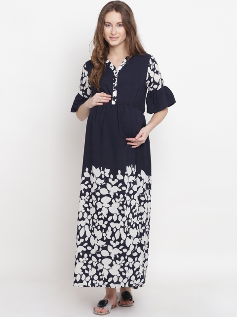 

Mine4Nine Women Navy Blue & White Printed Maxi Dress