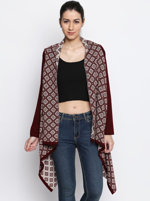 

RANGMANCH BY PANTALOONS Maroon & White Self Design Open Front Shrug