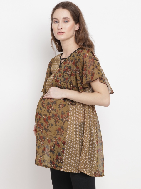 

Mine4Nine Women Olive Green Printed Empire Maternity Top