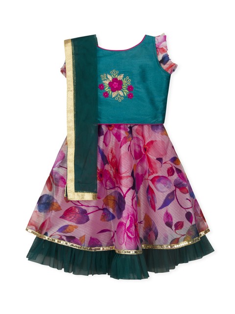 

KID1 Girls Pink & Teal Green Ready to Wear Lehenga & Blouse with Dupatta