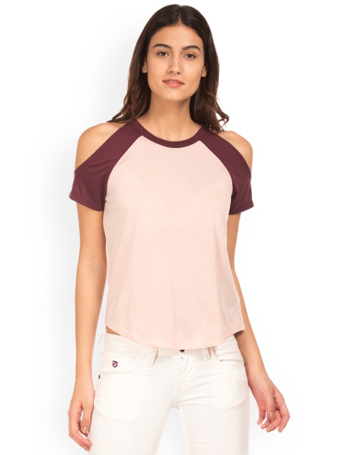 

Aeropostale Women Peach-Coloured & Burgundy Colourblocked Top