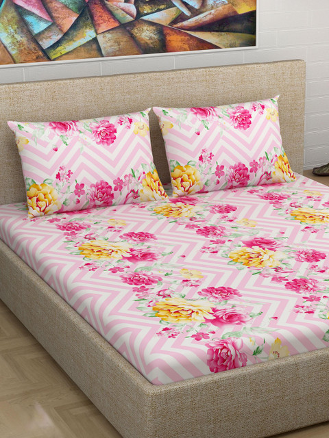 

Divine Casa Pink & Yellow Floral Flat 180 TC Cotton 1 Extra Large Bedsheet with 2 Pillow Covers
