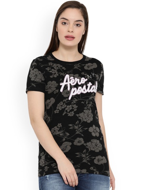 

Aeropostale Women Black Printed Round Neck T-shirt