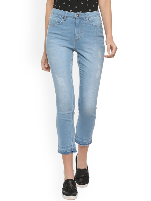 

People Women Blue Straight Fit Mid-Rise Mildly Distressed Stretchable Jeans