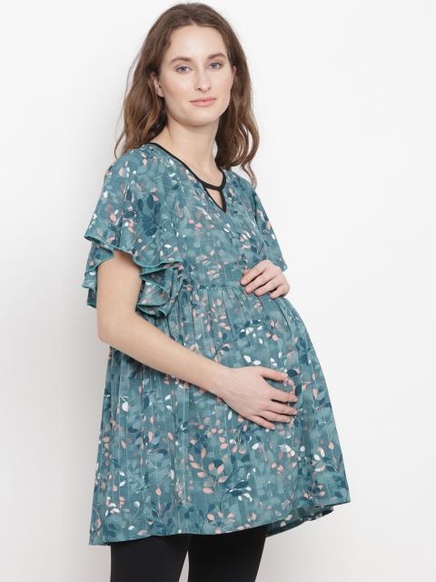 

Mine4Nine Women Sea Green Printed Longline Empire Maternity Top, Blue