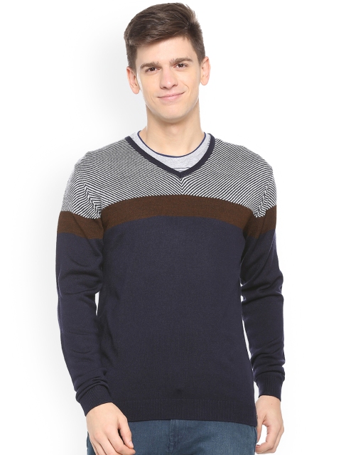 

Peter England Men Navy Blue & White Colourblocked Pullover