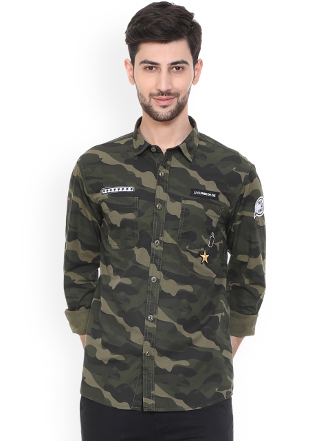 

People Men Green Slim Fit Camouflage Printed Casual Shirt