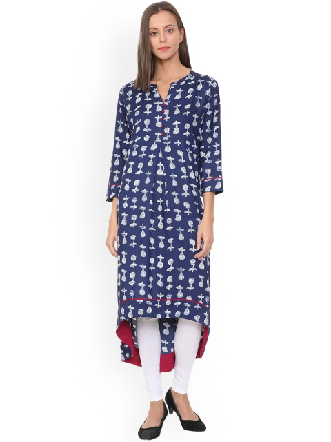 

People Women Navy Blue & White Printed Straight Kurta