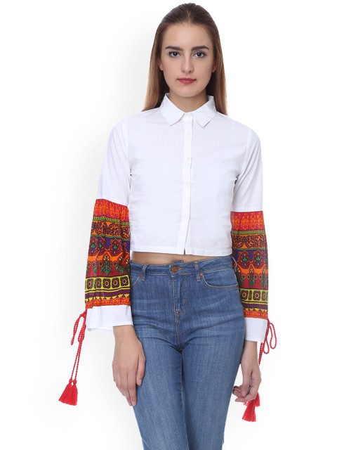

LA LOFT Women White & Orange Regular Fit Printed Casual Shirt