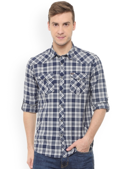 

People Men Navy Blue & White Slim Fit Checked Casual Shirt