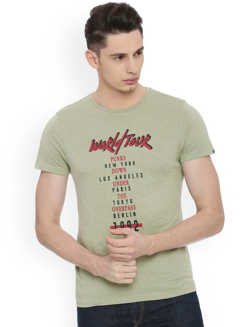 

People Men Olive Green Printed Round Neck T-shirt