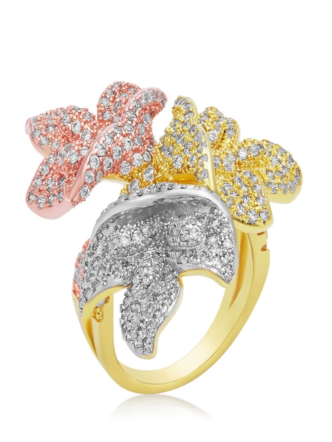 

shaze Gold-Toned Cubic Zirconia Studded Three-Toned Flower Ring