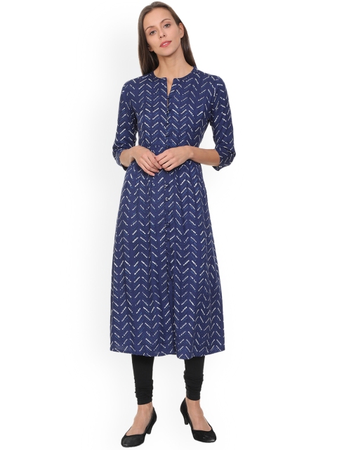 

People Women Navy Blue & White Printed A-Line Kurta