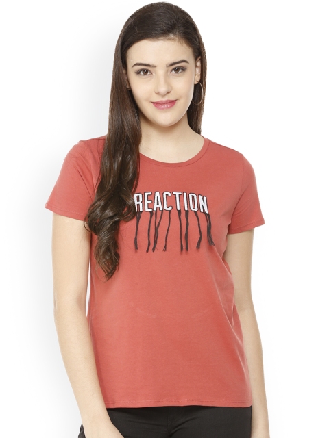 

People Women Coral Pink Embroidered Round Neck T-shirt
