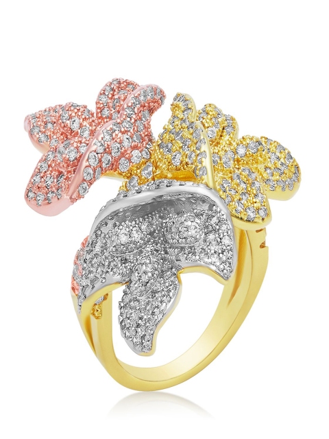 

shaze Gold-Toned Cubic Zirconia Studded Three-Toned Flower Ring