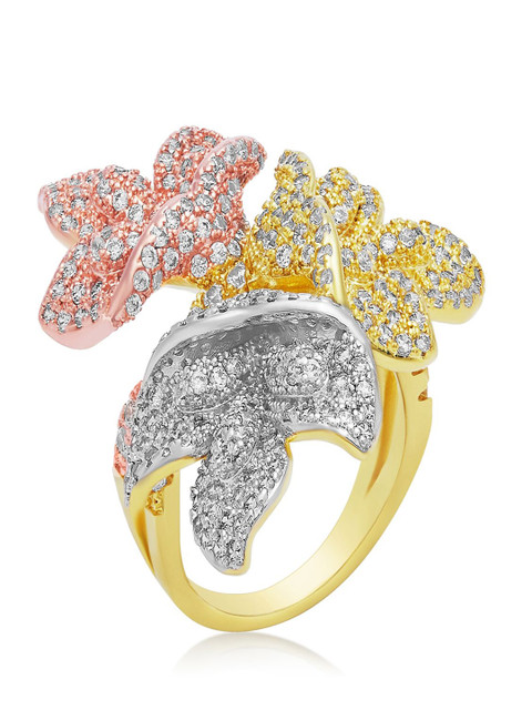 

shaze Gold-Toned Cubic Zirconia Studded Three-Toned Flower Ring