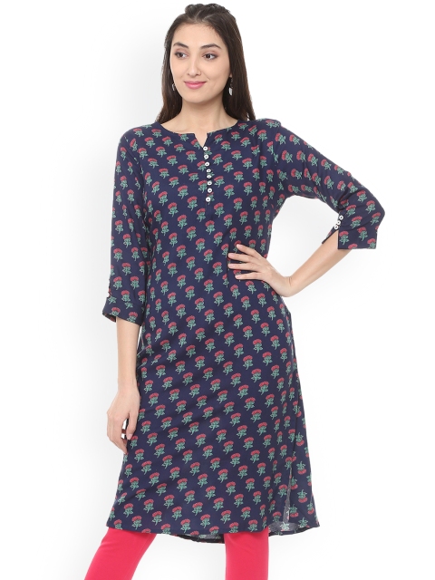 People Women Navy Blue Printed Straight Kurta
