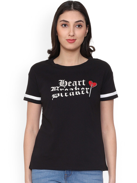 

People Women Black Printed Round Neck Pure Cotton T-shirt