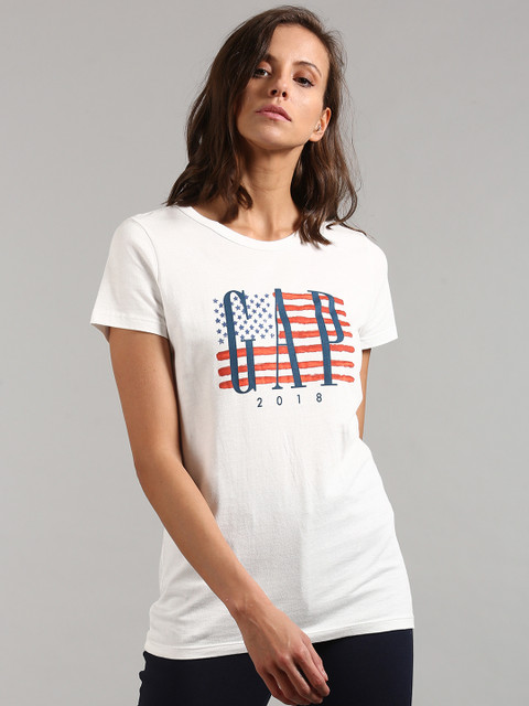 

GAP Women White Logo Flag Short Sleeve Crewneck T-Shirt