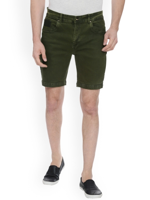 

People Men Olive Green Solid Regular Fit Denim Shorts