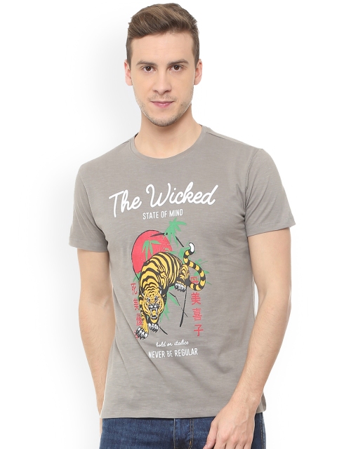 

People Men Grey Printed Round Neck Pure Cotton T-shirt