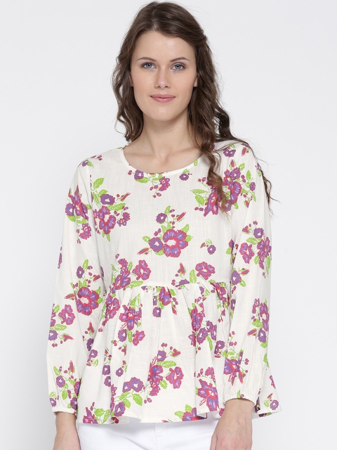 

Sera Women White Printed Peplum Pure Cotton Top