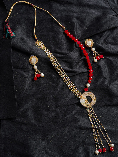 

ZeroKaata Women Red and White Pearl Jewellery Set, Gold