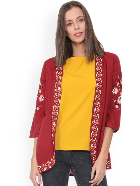 

People Women Maroon Floral Print Open Front Jacket