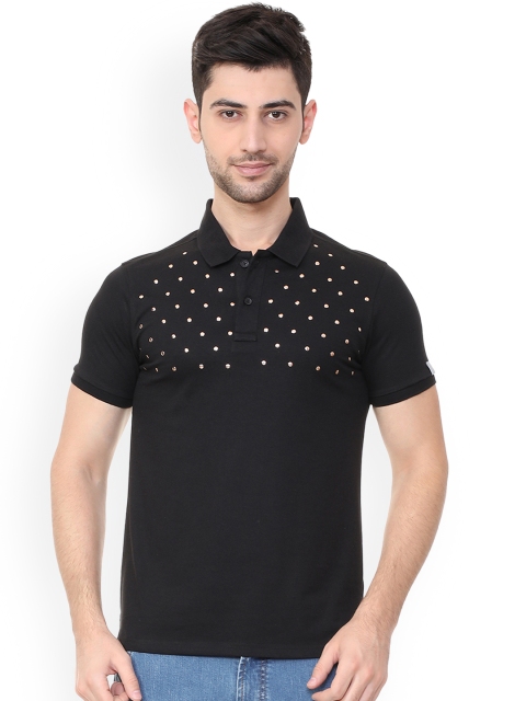 

People Men Black Solid Polo Collar T-shirt