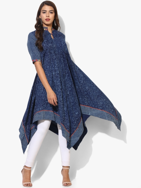 

Printed Band Collar High Low Flared Kurta With Elbow Length Sleeves, Blue